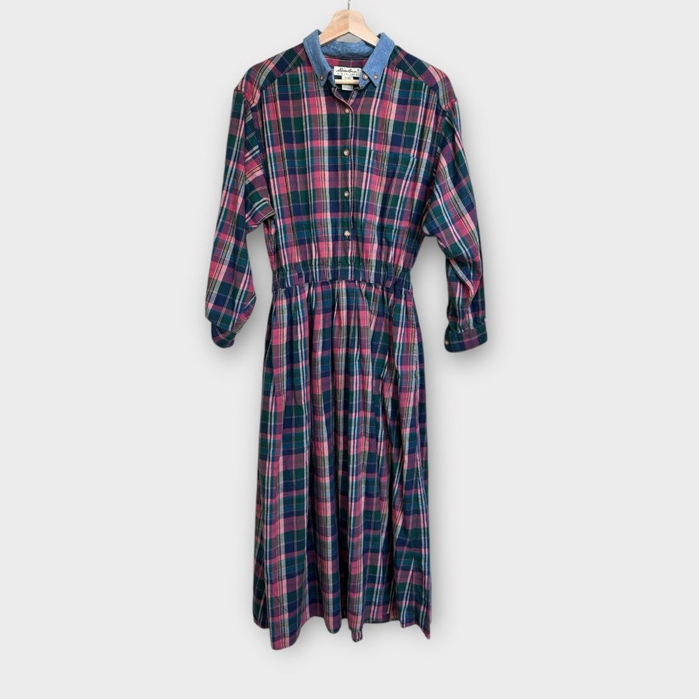 Eddie Bauer Vintage Plaid Flannel Maxi Dress – Collared Button-Down, Prairie